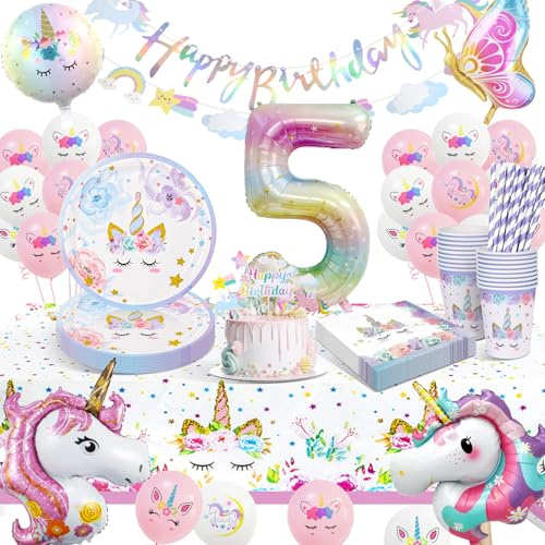 KQMGJYB Enhörningsdekoration för flickor, 5 år, porslin, muggar, servetter, bestick, bordsduk, ballonger för 16 gäster