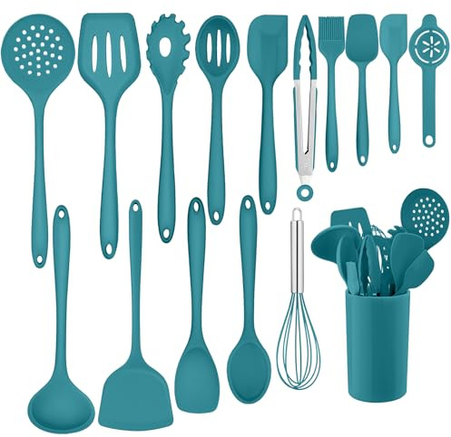 Homikit Set d'ustensiles de cuisine, 16 pièces en silicone, set d'ustensiles de cuisine avec porte-ustensiles, ustensiles de cuisine résistants à la chaleur, sains et antiadhésifs, bleu