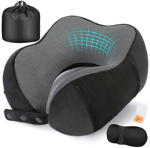 Cirorld Neck Pillow for Traveling, Travel Pillows for Airplanes,100% Pure Memory Foam Travel Neck Pillow, Adjustable Flight Pillow, Portable Plane Accessories with Eye Mask, Earplugs, Carry Bag