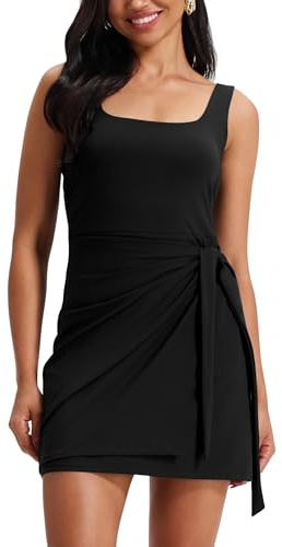 Athletic Tennis Dresses for Women Wrap Skort Dress Spring Summer Workout Golf Romper Built-in Shorts Black