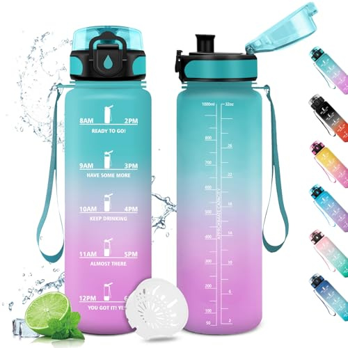 Wasserflasche Sport 1L, Motivierende Trinkflasche mit Zeitmarkierung, Auslaufsicher Wasserflasche mit Filter, Kohlensäure Geeignet, Sportflasche für Gym, Fitness, Büro, Schule, Yoga, Outdoor