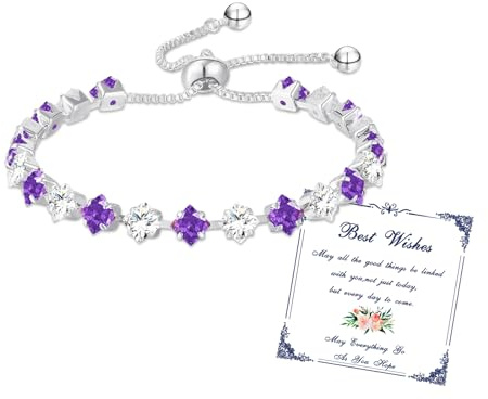 Esmoly Pulsera Mujer Piedras Naturales Bracelet Brazalete Plata con 5A Circonitas y 12 Piedras Naturales Ajustable Regalos Originales Para Mujer Niña (02-Febrero)