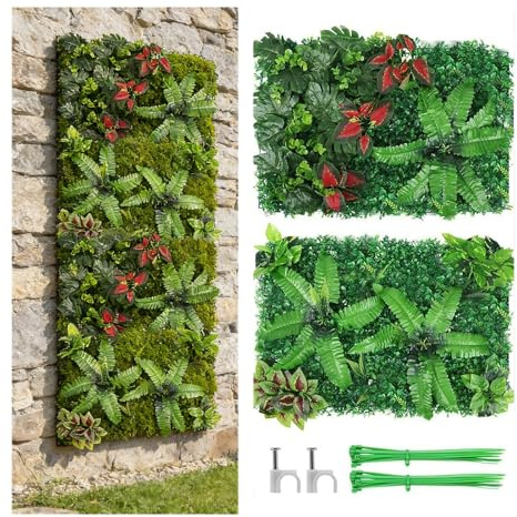 Paneles de Pared Artificial para Plantas 60x40cm,2 paneles de pared de césped artificial,2 Decoración Realista para Interior y Exterior,Placas de Plantas Falsas con Hojas para Pared,Balcón,Jardín