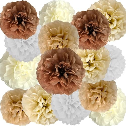 Boho Hochzeit Deko,15 Stück Braun Creme Papier Pompons,Beige Weiß PomPoms c