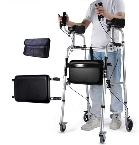 KIUYTQQ Faltbarer Standard-Gehwagen mit abnehmbaren, gepolsterten Armlehnen, Rehabilitations-Gehwagen aus Luminum-Legierung, höhenverstellbare Gehhilfe für ältere Menschen