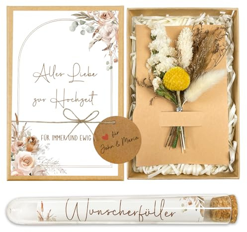 Hochzeitsgeschenke für Brautpaar Set, Geldgeschenk Hochzeit, Inklusive Geschenkbox, Trockenblumen, Reagenzglas, Hochzeitskarte, Hochzeitsgeschenk Geld