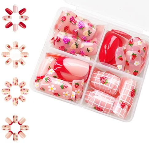 Fake Nails - ShiningUU 96 Pieces Press on Fake Nails Set, Pre-Glued Full Cover Short Strawberry False Nails for Girls, Cute Nail Stickers with Adhesive, Stick on Nails Girls Nail Art Decoration