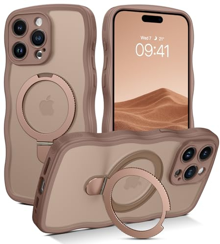 GaoBao Magnetic for iPhone 15 Pro Case with Ring Stand,[Compatible with Magsafe] Curly Wave Frame Phone Case Translucent Matte TPU Bumper Shockproof Protective Cover for iPhone 15 Pro,Desert Titanium