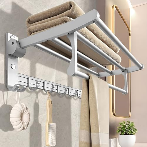Jahof Handtuchhalter Klappbar Silber 40 cm, Handtuchstange Aluminium mit Haken, Handtuchregal mit Bohren für Badezimmer und Küche
