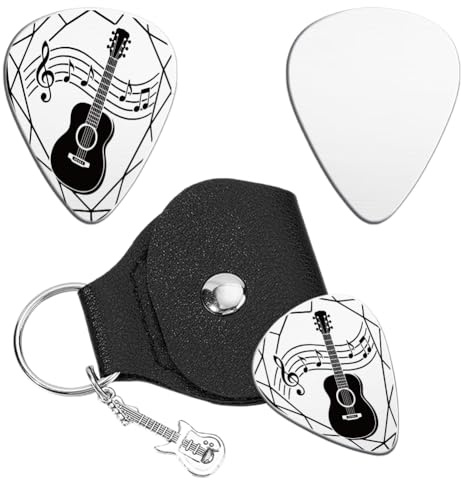 UNICRAFTALE Gitarrenplektren Geschenke Gitarrennoten Edelstahl Schlüsselanhänger Gitarrenset Mit Schwarzer PU Leder Hülle Abschlussgeburtstag Valentinstag Geschenke Für Gitarristen Musiker Liebhaber