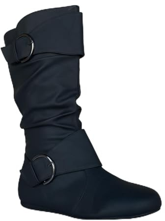 ABSOLEX Women Round Toe Buckle w/Side Zip Slouch Flat to Low Heel Mid-Calf Boots, Black Pu, 8.5