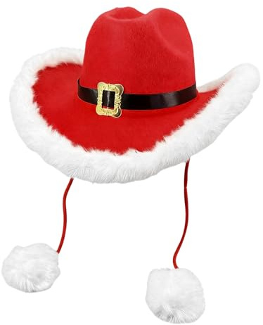 Röd cowgirl-hatt för kvinnor – huvudbonad med plyschtrimning, pom poms-design, västern-kostymhatt | mjuk semesteraccessoar, festlig juloutfit rekvisita, fotorekvisita, party-Kl