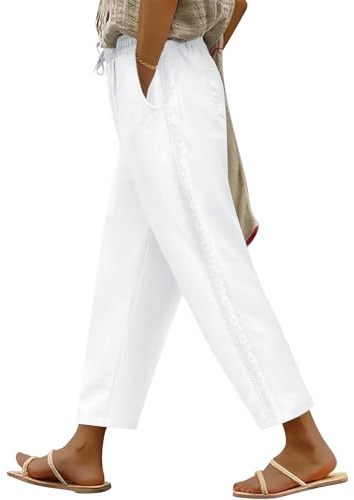 PASUDA Pantaloni Donna Estivi 7/8 Leggeri Larghi Comodi Cotone Pantalone Elastico Vita Alta Casual Elegante Pantaloni da Lavoro Gamba Dritta Spiaggia Pantalone con Tasche(Bianco,S)