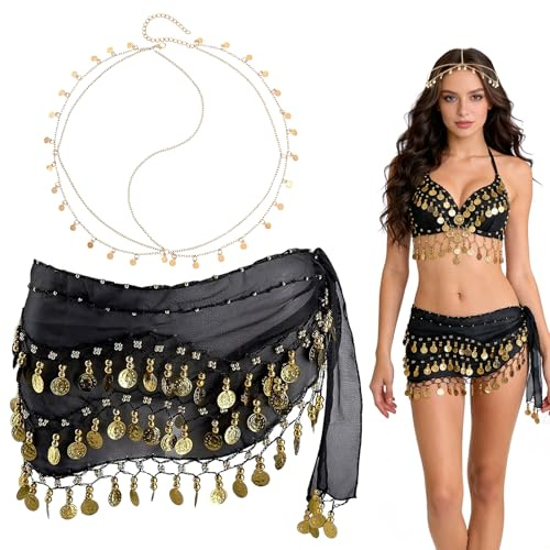 Bauchtanz Hüfttuch Damen Bauchtanz Gürtel, Chiffon Hüfttuch Bauchtanz Gürtel Röcke, Tanztuch mit Münzen, Pailletten Kopfkette Gold Quaste Haarkette, Bauchtanzgürtel, Belly Dance Karneval Kostüm