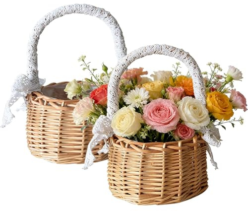 Vasemele 2 Stück Kleiner Weidenkorb mit Henkel Streukorb Rattankorb Blumenkorb Hochzeit Geflochtener Blumenkorb Streukorb Hochzeitskorb Blumenkinder Korb Streukörbchen für Party Festival Hochzeit