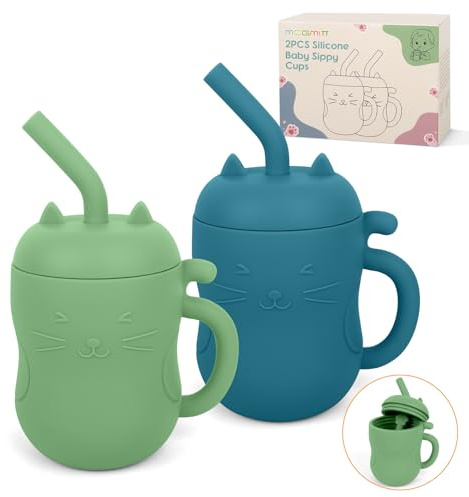 MCGMITT Trinklernbecher aus Silikon für 6-12 Monate Kleinkinder, 2in1 Sippy Cup mit Strohhalm offene Becher, Kleine Trainings Trinkflasche für Babys und Kleinkinder Set mit 2 Training Cup Grün/Blau