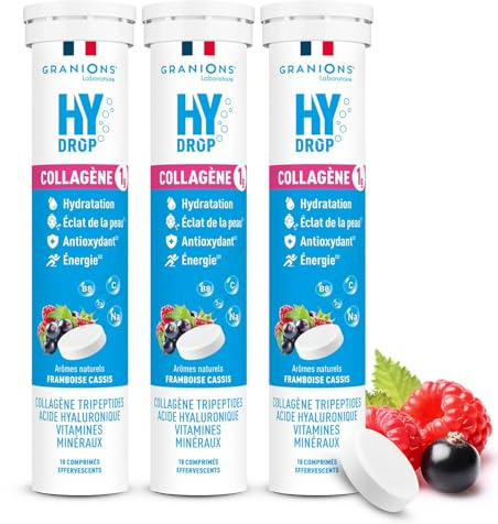 Electrolyte - Hydratation - Hydrop - Collagène - Framboise Cassis - Lot x3 | Pastilles Effervescentes Enrichies En Collagene, Sans Sucres, Vitamines Et Mineraux, Fabriqué En France, 3x20 pastilles