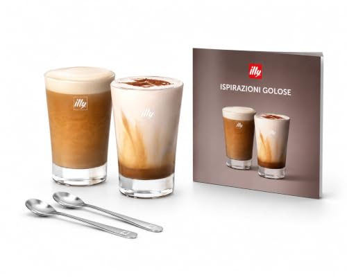 illy Indulgence Kit 2 Bicchieri in Vetro e 2 Cucchiaini in Acciaio, di Design con Ricettario Caffè | Preparazione di Cappuccino e Espresso Special