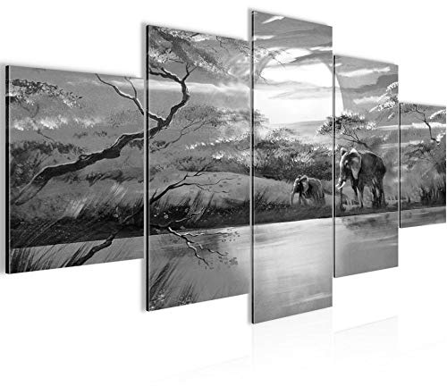 Runa Art - Bilder Afrika Elefant 200 x 100 cm 5 Teilig XXL Wanddekoration Design Schwarz Weiss 000451c