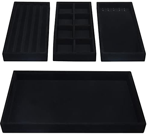 BELLE VOUS Vassoio Porta Gioielli Donna in Velluto Nero Impilabile (4pz)- Portagioie Donna da 35,3 x 24,2 cm- Organizer Gioielli Porta Anelli, Porta Gioie, Porta Orecchini, Porta Bracciali Espositore