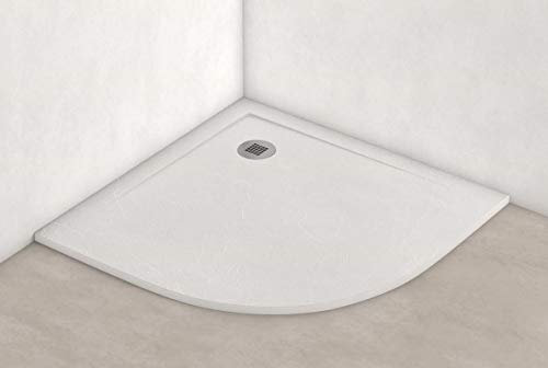 Plato de Ducha Antideslizante Semicircular 90x90cm - Plato Ducha Resina Resistente a Agentes Químicos - Plato Ducha Textura Pizarra Antibacteriano - Incluye Válvula Sifón Plato Ducha - Color Blanco