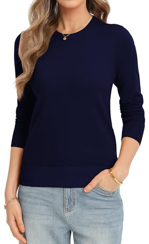 QUALFORT Women's Sweaters Navy Blue Crewneck Sweater Pullover Soft Knitted Tops Small