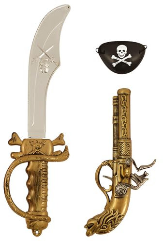 D.A.Y. Republic Kids Caribbean Pirate Fancy Dress Costume Accessory Kit for Halloween or Pirate Theme Party, Classic 38 cm Cutlass Sword, Pistol Gun and Eyepatch (3pc Set Sword, Gun, Eyepatch)