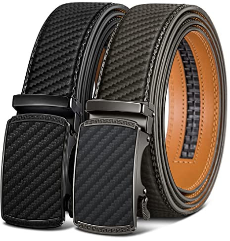 KEMISANT Gürtel Herren 2er, Gürtel Ratsche Automatikschließe Ledergürtel für Herren Verstellbar 35mm Breit mit Geschenkbox(Schwarz/Heiliges Grau-130cm/38-44 taille verstellbar)