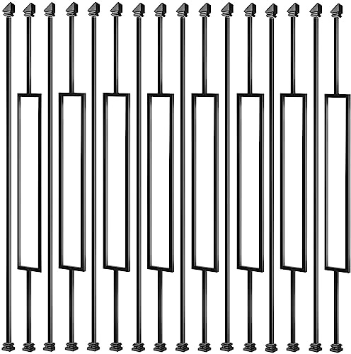 Vilstomes Deck Balusters, 16 Pack Wrought Iron Balusters, 1/2 Deck Railing Stair Metal Deck Spindles, Staircase Baluster W/ 32 Pack Iron Baluster Shoes (8 Straight +8 Single Rectangle)