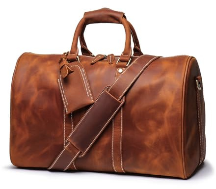 Echtes Leder Herren Reisetasche Rindsleder Gepäck Taschen Umhängetasche Wochenende Tasche Übernachtung Gym Sport Genuine Leather Duffel Bag, Braun, Classic