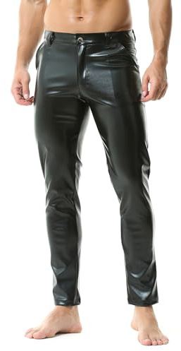 YUFEIDA Men's Leather Trousers Classic Wetlook Solid PU Leather Pants Zipper Pockets Slim Fit Pencil Pants Hot Legging Trousers for Motorcycle Cosplay Dance Stage Casual