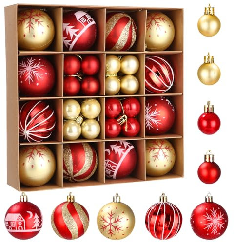 Zawaer 44Pcs/Set Boule de Noel, 6cm décoration de Sapin de Noël avec Crochet de Suspension, Boules de Noël en Plastique incassables Decoration Maison, Rouge doré