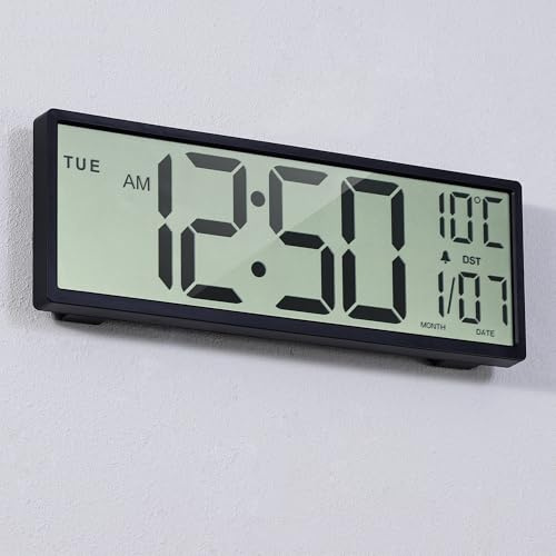 Henescribe 15 Large Digital Wall Clock Battery Operated Black, Clock with Large Display Numbers, Calendar, Auto DST, Clocks for Living Room, Kitchen, Office, Bedroom