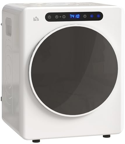 HOMCOM Mini Ablufttrockner 5kg Wäschetrockner mit Sterilisation, Weiß | 6 Programmen bis zu 60℃, 1000W Trockner mit Touch-Screen, Knitterschutz, Edelstahltrommel, Extra-Trocken-Modus