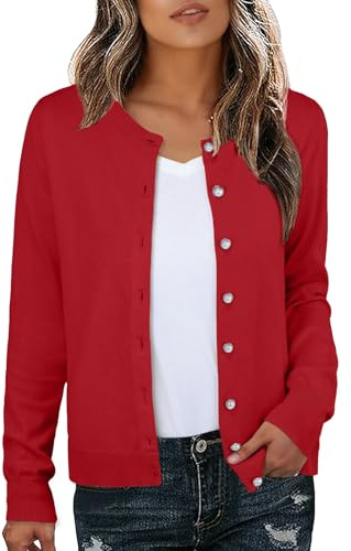 GRECERELLE Cardigan léger à manches longues pour femme - Élégant et fin - Col rond - Cardigan décontracté - Gilet en tricot classique avec boutons de perles - Automne et hiver, rouge, L