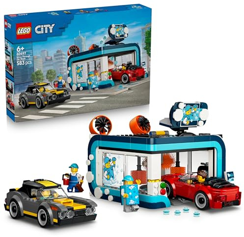 LEGO City Túnel de Autolavado de Juguete – Kit de Construcción con 2 Maquetas de Coches – Juego Interactivo con Rodillos Giratorios, “Agua” y Accesorios – Regalo para Niños de 6+ Años – 60497