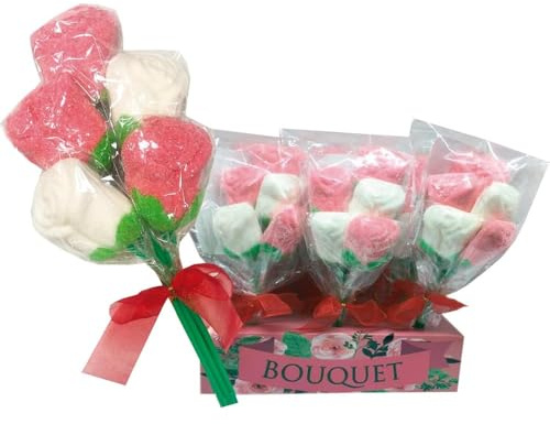 Rosas Dulces y Ramos de Caramelo, Marshmallow y Gominola – Brochetas “LOVE” y Cajas Expositoras de 12‑18 Unidades – Detalles Originales para San Valentín, Cumpleaños (Ramo Marshmallow 12u)