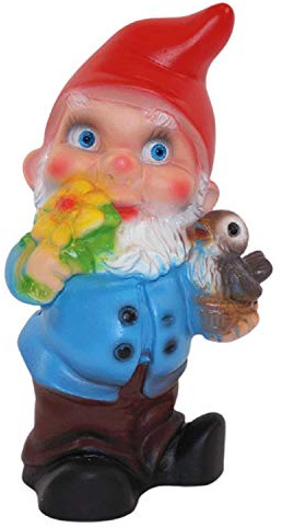 RAKSO Deko Figur Zwerg H 19 cm Gartenzwerg mit Vogel stehend Gartenfigur aus Kunststoff