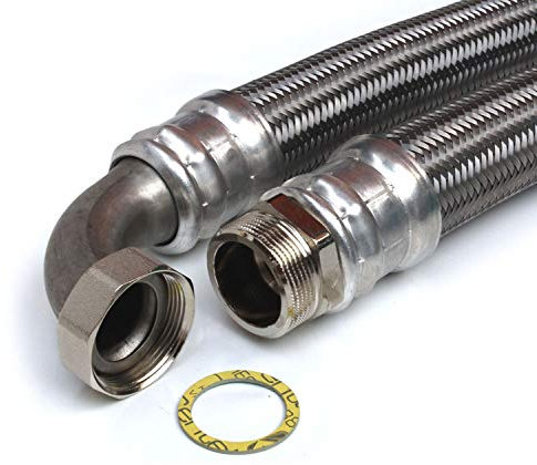Panzerschlauch 2AG x 2ÜM mit Bogen, DN50, Nutzwasser, Edelstahl, Länge 70 cm, Made in Germany