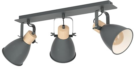 EGLO Deckenlampe Coswarth, 3 flammige Deckenleuchte Vintage, Industrial | Retro, Deckenstrahler aus Stahl und Holz, Wohnzimmerlampe in Anthrazit, Creme-Weiß, Natur, Küchenlampe, Spots mit E27 Fassung