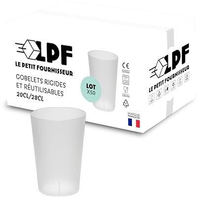 LPF LE PETIT FOURNISSEUR - Lot de 50 Gobelets réutilisables 20cl (28cl à ras-bord) - Polypropylène Plastique Alimentaire Rigide - Gobelets pour évenements - Compatible lave-vaisselle - Couleur Givrée