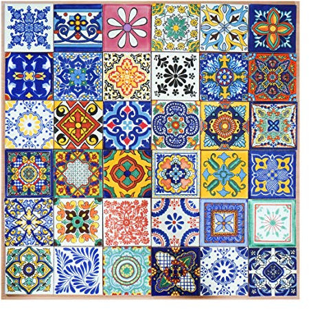 Confezione da 36 piastrelle assortite messicane Talavera, fatte a mano, da 10,5 cm, stile: 'Aleatorio'