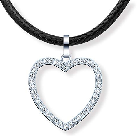 MicLee Collier pendentif de femme fille, collier en argent 925, Pendentif collier cœur brillant, ras du cou, avec cordon en cuir noir, zircon incrusté, Collier court classique, argent