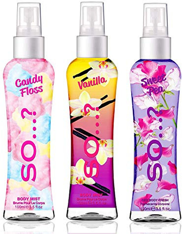 Body Mist by So…? Womens Candy Floss, Vanilla, Sweet Pea Body Spray Mixed Fragrance Bundle 100ml (Pack of 3)