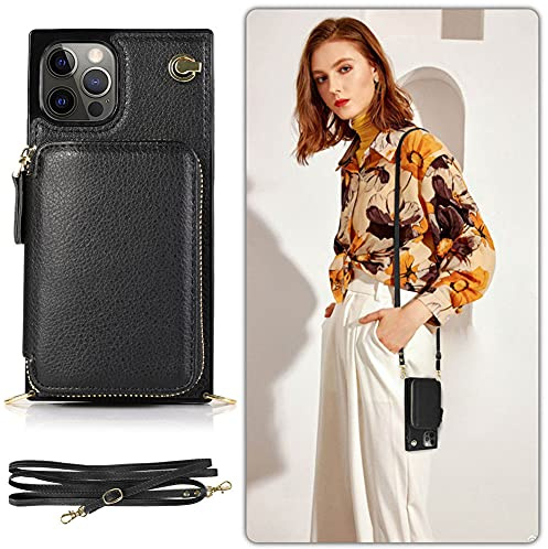 Handykette Handyhülle kompatibel mit Apple iPhone 12 Mini Wallet Hülle PU Leder mit Reißverschluss Kartenfach Ständer Handytasche TPU Bumper Case mit Kordel Kette Schutzhülle Cover(Schwarz)