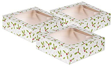 Anniversary House Confezione da 3 scatole piccole per torte di Natale, stampa agrifoglio, biscotti e brownie, 3,8 x 11,4 x 11,4 cm, J114