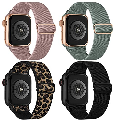 4 Pack Stretchy Nylon Compatible with Apple Watch Straps, Soft Breathable Elastic Sport Bands for iWatch Series 11 10 9 8 7 6 5 4 SE Ultra, 38/40/41/42/44/45/46/49mm Replacement Wristband Men Women