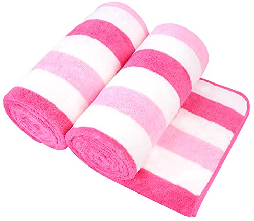 JML Microfiber Bath Towels,2 Pack(30 x 60), Oversized, Soft, Super Absorbent, Fast Drying, Large Beach Towel Set for Sauna, Salon, Sports, Fitness, Yoga, Cabana Stripe Pink