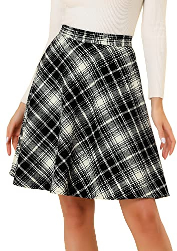 Allegra K Damen Karo Rock Festlich A-Linie Hohe Taille Kammgarn Kariert Midirock Schwarz Weiß M