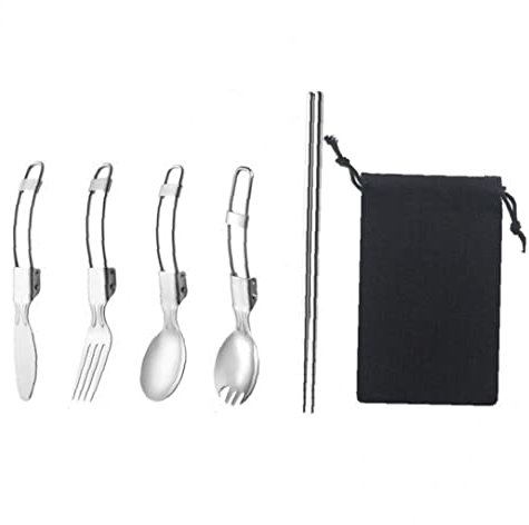 1set Camping Cutlery Foldable Spork Fork Knives Chopsticks Cutlery Tablewares Kit Flatware for Travel Bbq
